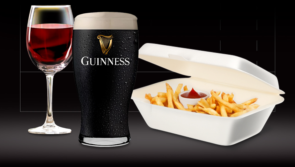 Guniness glass, wine glass, takeaway box