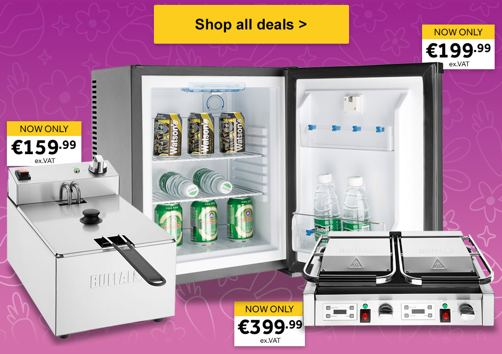 Easter Savings - Save up to 35%. A montage containing various catering equipment, Polar G Series Hotel Room Refrigerator - €199.99. Buffalo Counterrtop Electric Fryer - €159.99. Buffalo Extra Large Contact Grill Double Plate €399.99