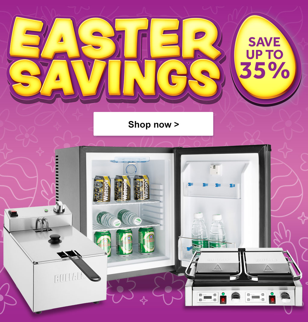 Easter Savings - Save up to 35%. A montage containing various catering equipment, Polar G Series Hotel Room Refrigerator - €199.99. Buffalo Counterrtop Electric Fryer - €159.99. Buffalo Extra Large Contact Grill Double Plate €399.99