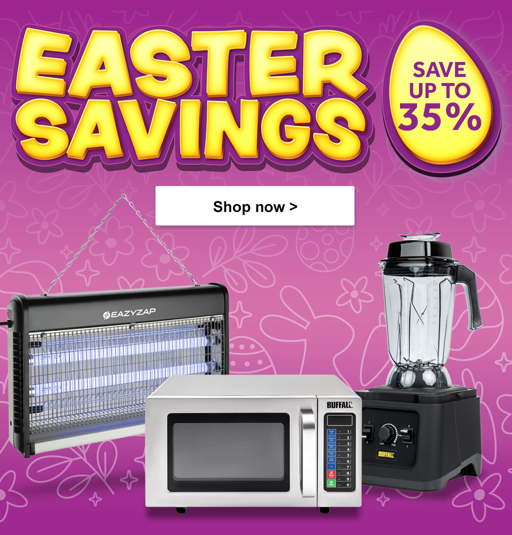 Easter Savings - Save up to 35%. A montage containing various catering equipment, Polar G Series Hotel Room Refrigerator - €199.99. Buffalo Counterrtop Electric Fryer - €159.99. Buffalo Extra Large Contact Grill Double Plate €399.99