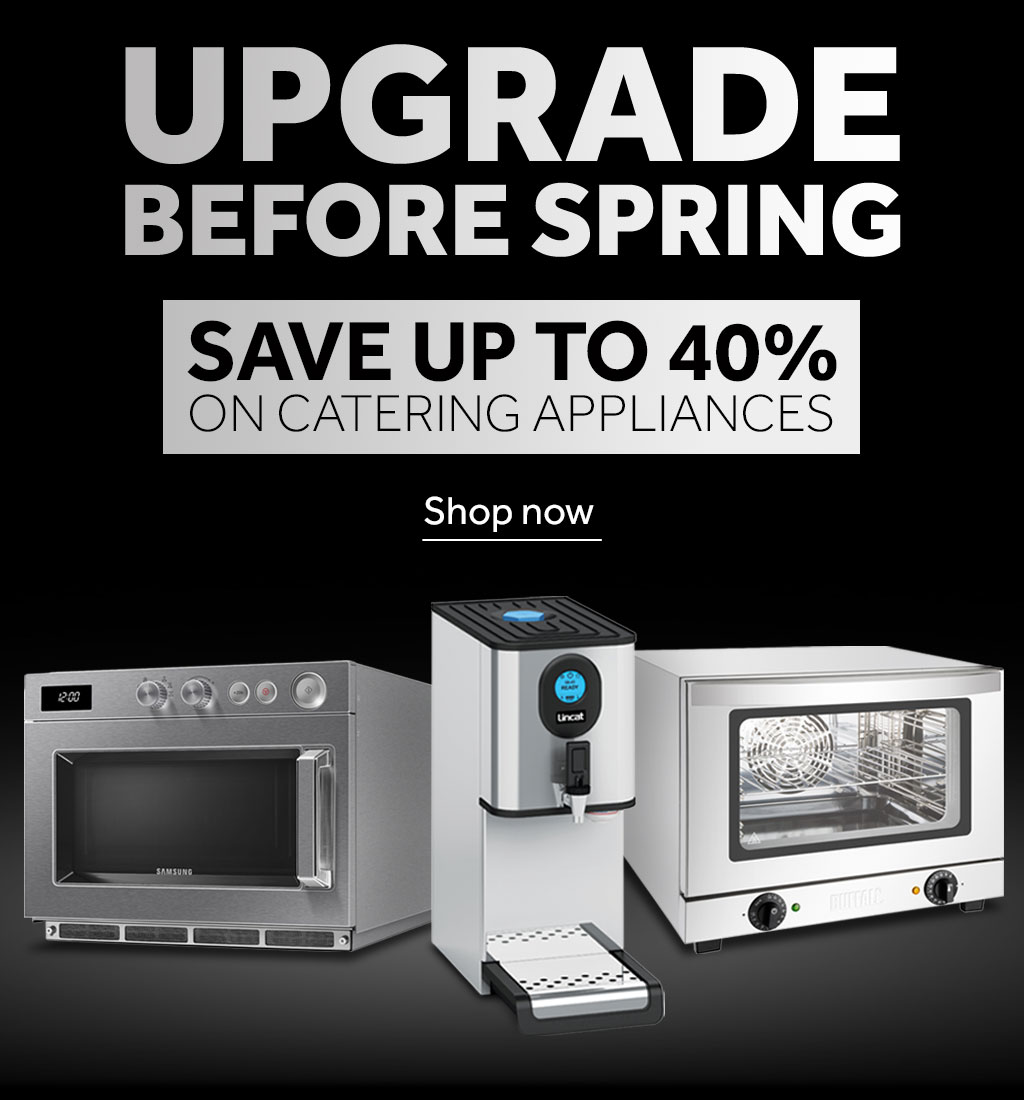 Save up to 40% on Catering Appliances. Montage containing the following products: FS315 - Samsung Commercial Microwave 26Ltr, CS570 - Lincat Automatic Water Boiler, DA957 - Buffalo Convection oven. Shop now >