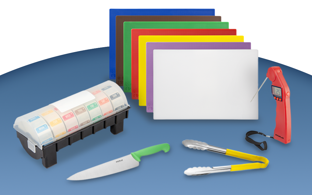Product montage containing CH042 - Hygiplas 7 piece chopping board set with rack, CB157 - Hygiplas yellow serving tongs,  CF913 - Hygiplas red thermometer, C868 - Hygiplas Green knife and a GH474 - Hygiplas Colour coded label starter kit