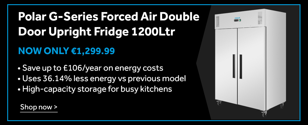 Polar G-Series Double Door Upright Fridge 1200L  Save up to &pound;106/year on energy costs  Uses 36.14% less energy vs previous model  High-capacity storage for busy kitchens. now only  €1,299.99
