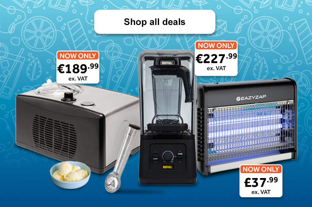 A montage of products, including a Eazyzap LED Fly Killer, Buffalo Ice Cream Maker, Buffalo Silent Bar Blender and a Vogue Ice Cream Scoop. Shop all deals >