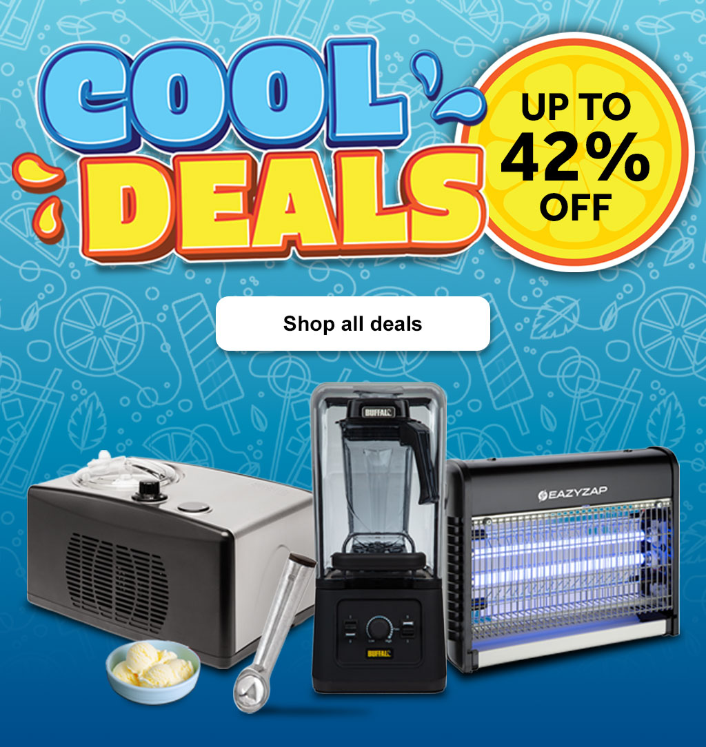 A montage of products, including a Eazyzap LED Fly Killer, Buffalo Ice Cream Maker, Buffalo Silent Bar Blender and a Vogue Ice Cream Scoop. Shop all deals >