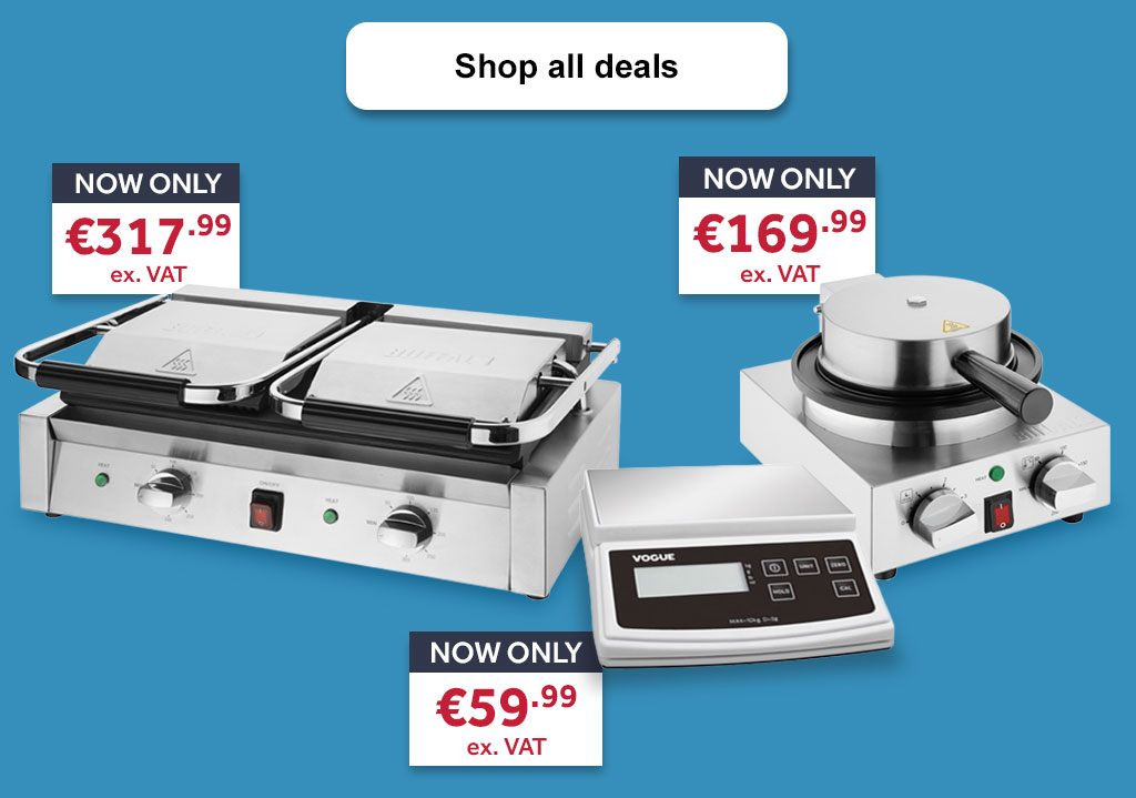 A montage of products, including a Buffalo contact grill, Buffalo waffle maker and Vogue scales