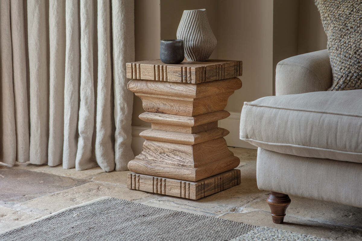 Image of Disha Carved Mango Wood Side Table - Natural