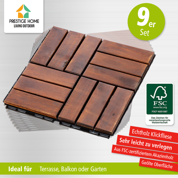 9er-Set Massivholz-Klickfliese aus Akazienholz, ca. 30 x 30 cm - Braun geölt