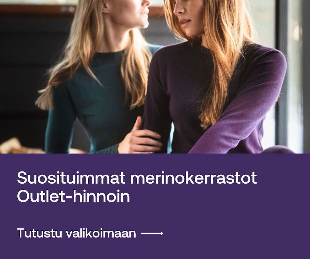 Kuva kahdesta naistesta violetin sekä sinisen värinen merinovillakerrasto päällä. Mukana teksti suosituimmat merinovillakerrastot Outlet-hinnoin.