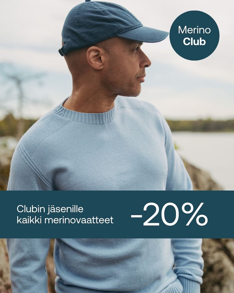 Clubipäivät. Mies päällä North Outdoorin Kuru merinovillapaita.