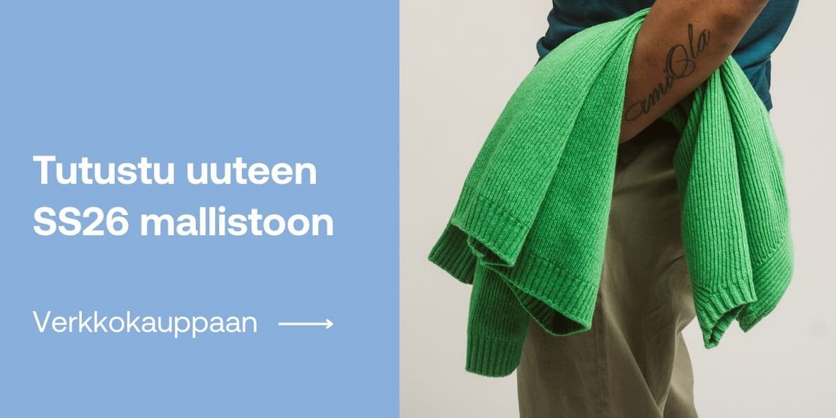 Kuva villapaidasta miehen kädessä. Teksti: Tutustu uuteen ss26 mallistoon.
