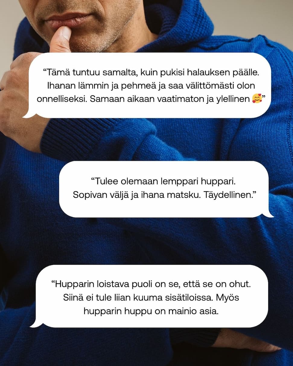 Kuvan päällä asiakaspalautteita Virta ja Koski merinohuppareista.