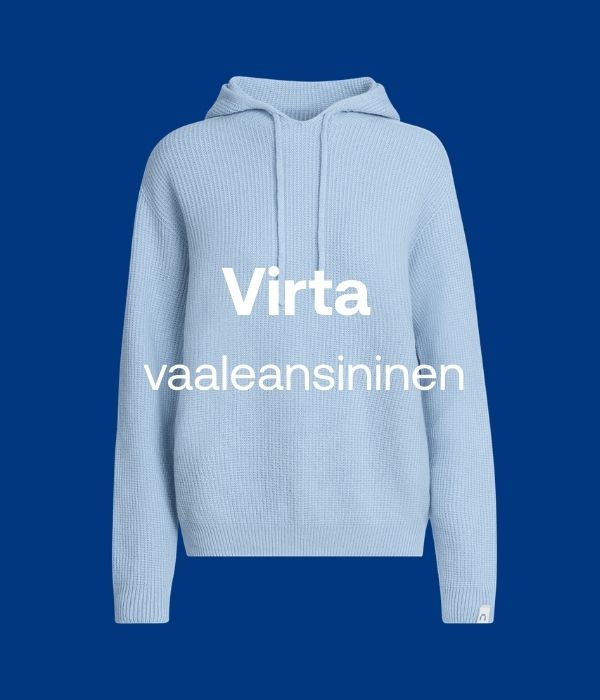 Vaaleansininen Virta hupparin kuva.
