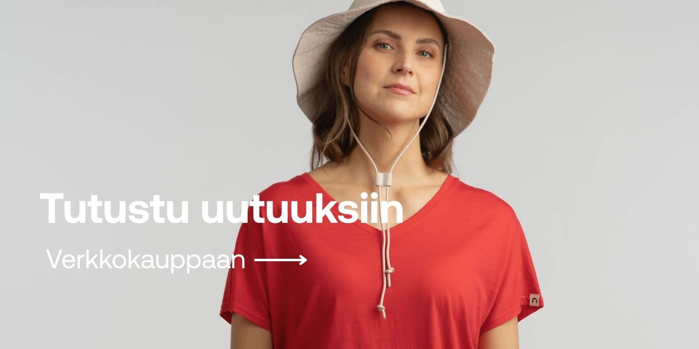 Tutustu uutuuksiin. Taustalla kuva naisesta Eva t-paita päällä.