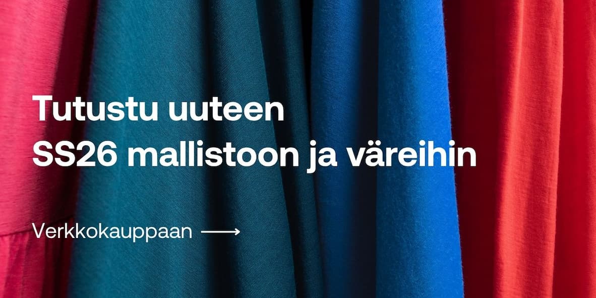 Tutustu uutuuksiin. Taustalla kuva naisesta Eva t-paita päällä.