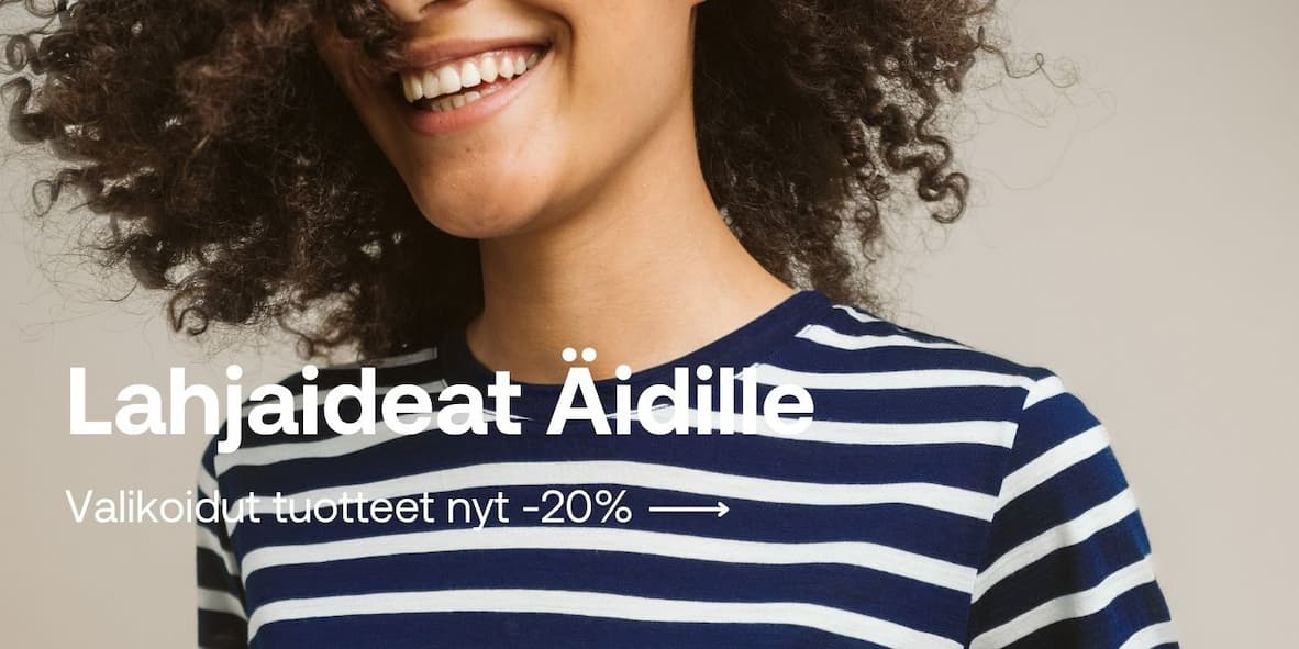 Teksti:Lahjaideat äitienpäivään. Taustalla kuva naisesta joka hymyilee.