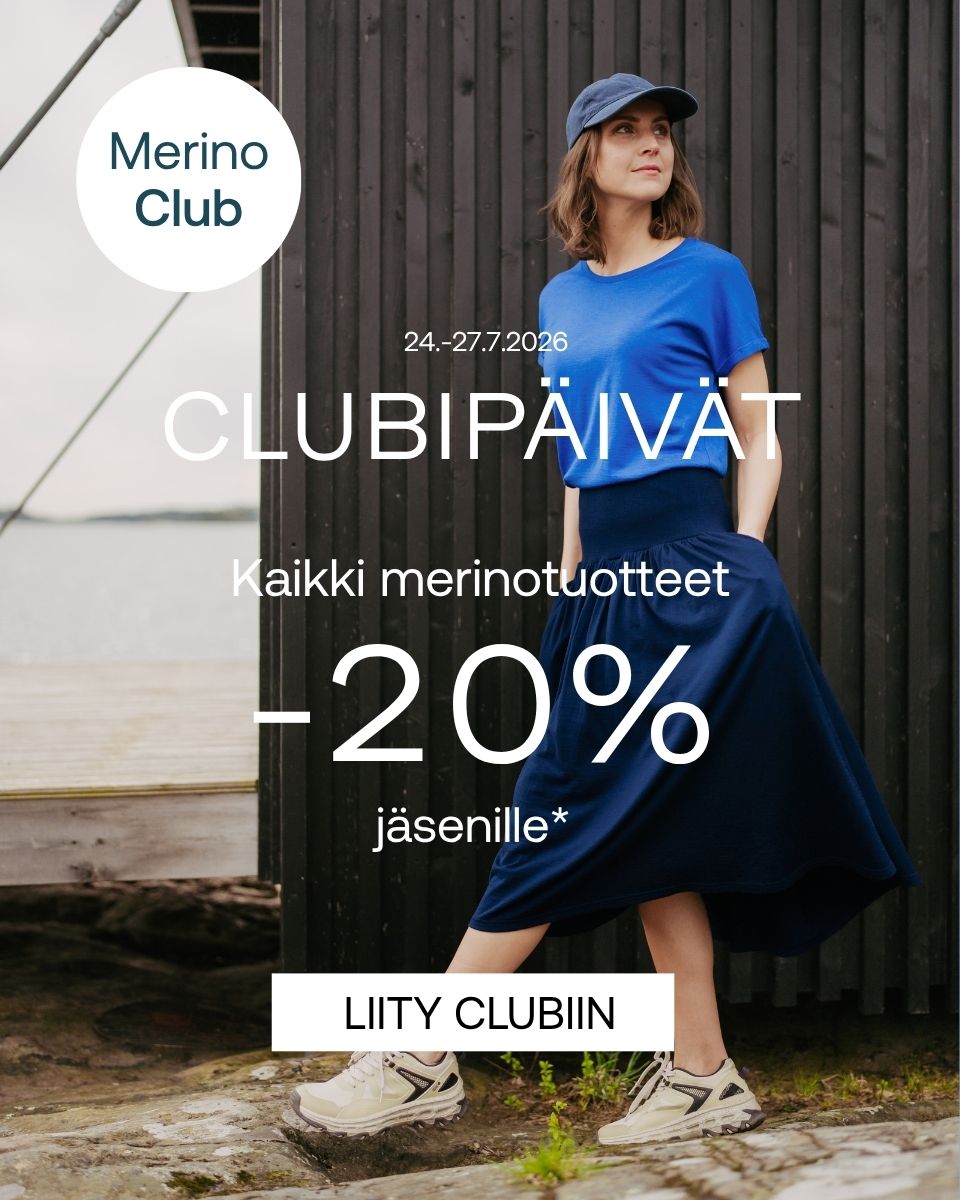 Clubipäivät. Mies päällä North Outdoorin Kuru merinovillapaita.