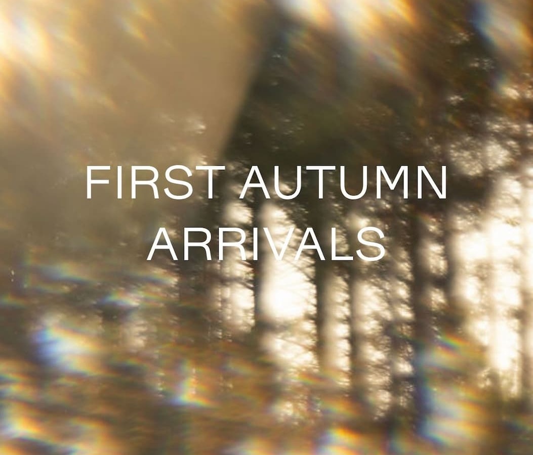 text "New autumn arrivals" and forest backround.