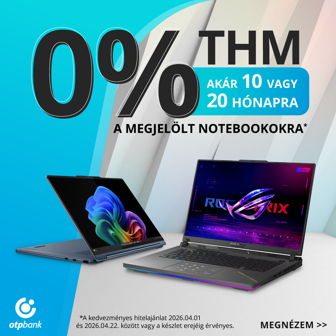 0% THM, akár 10 vagy 20 hónapra a megjelölt notebookokra, két laptop termékkép és banki logó