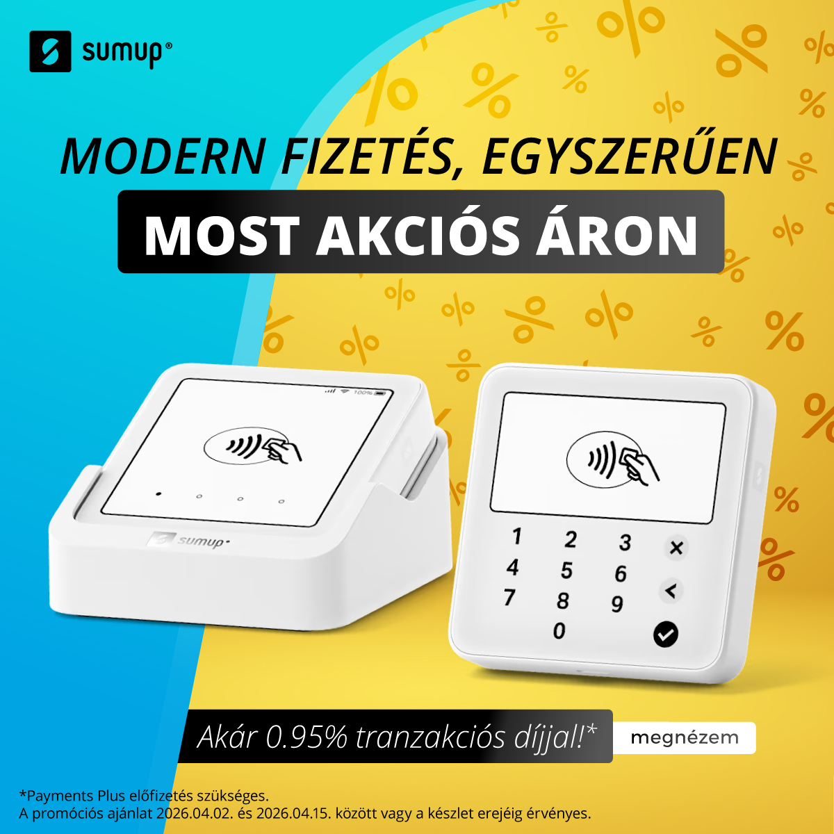 Két fehér SumUp terminál kártyás érintés nélküli fizetéshez, akciós ár, akár 0,95% tranzakciós díj