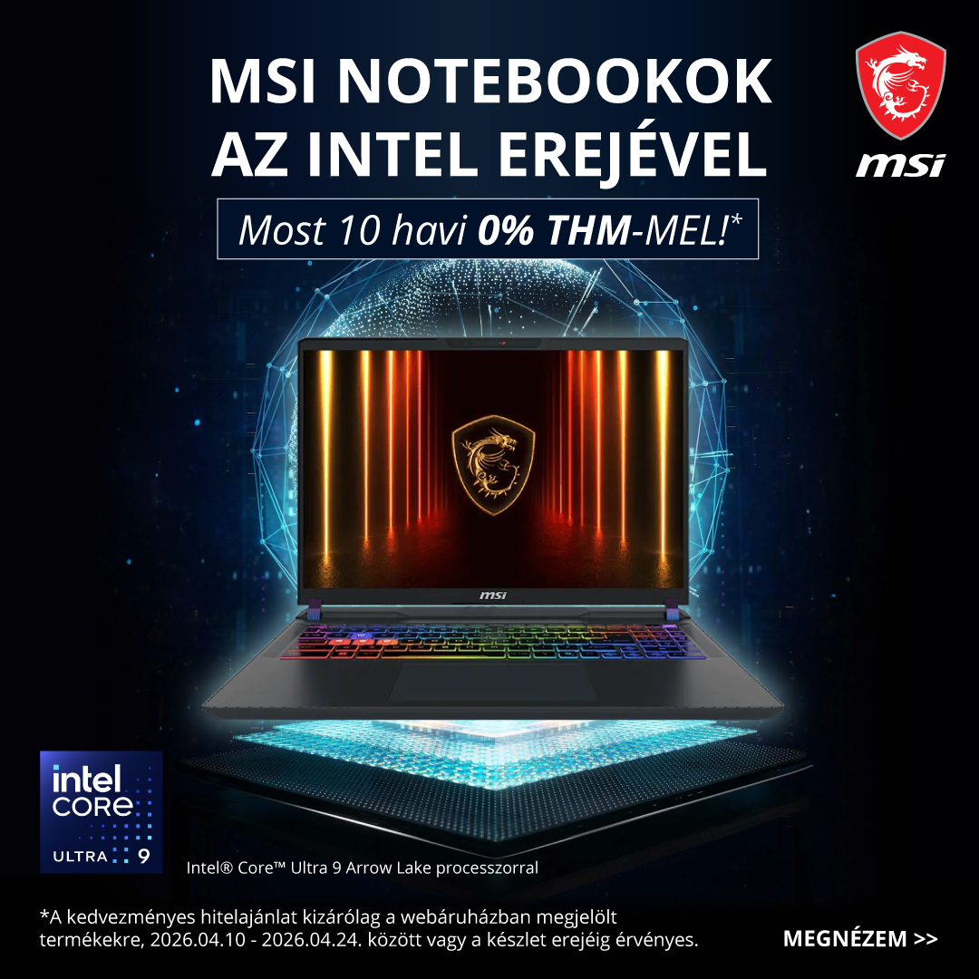 MSI gamer notebook Intel Core Ultra 9 processzorral, RGB billentyűzet, reklám: 10 havi 0% THM-es finanszírozás