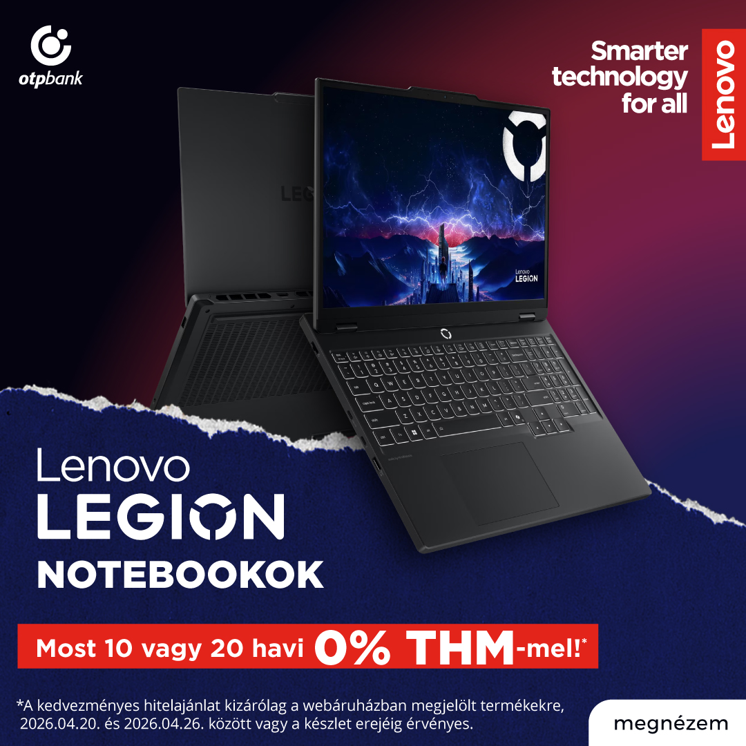 Lenovo Legion gamer laptopok promóciós képe, 0% THM akció, OTP Bank és Lenovo logók