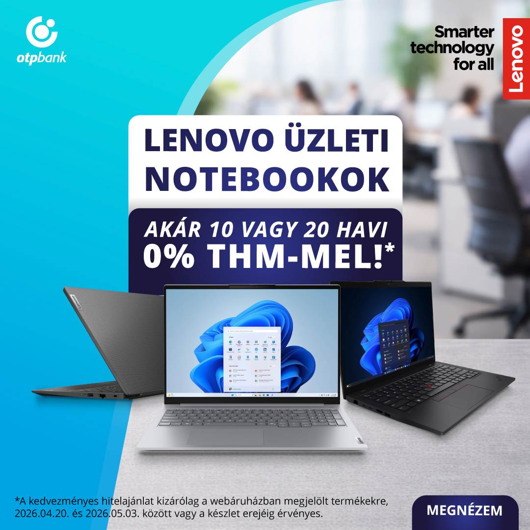 Lenovo üzleti notebookok reklámkép: három laptop, OTP Bank és Lenovo logók, 0% THM-es részletfizetés ajánlat
