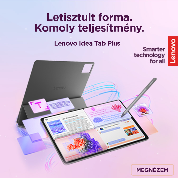 Lenovo Idea Tab Plus táblagép álló tokban és aktív tollal, többablakos képernyő, rózsaszínes háttér, Lenovo logó
