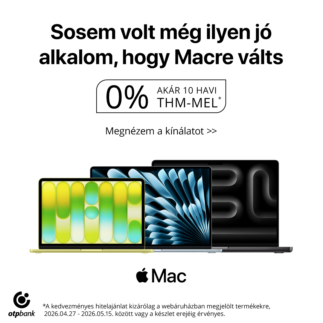 Promóciós banner: három Apple Mac laptop, 0% THM akció akár 10 havi részlet, OTP Bank logó