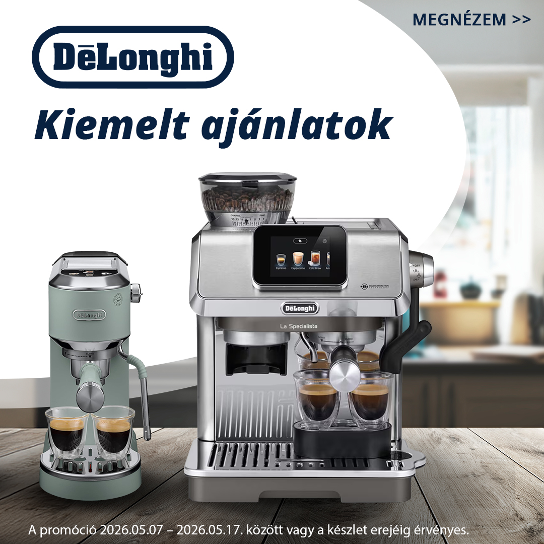 DeLonghi kiemelt ajánlat: két kávéfőző (automata és karos), rozsdamentes acél és pasztell zöld, promóció 2026.05.07–05.17