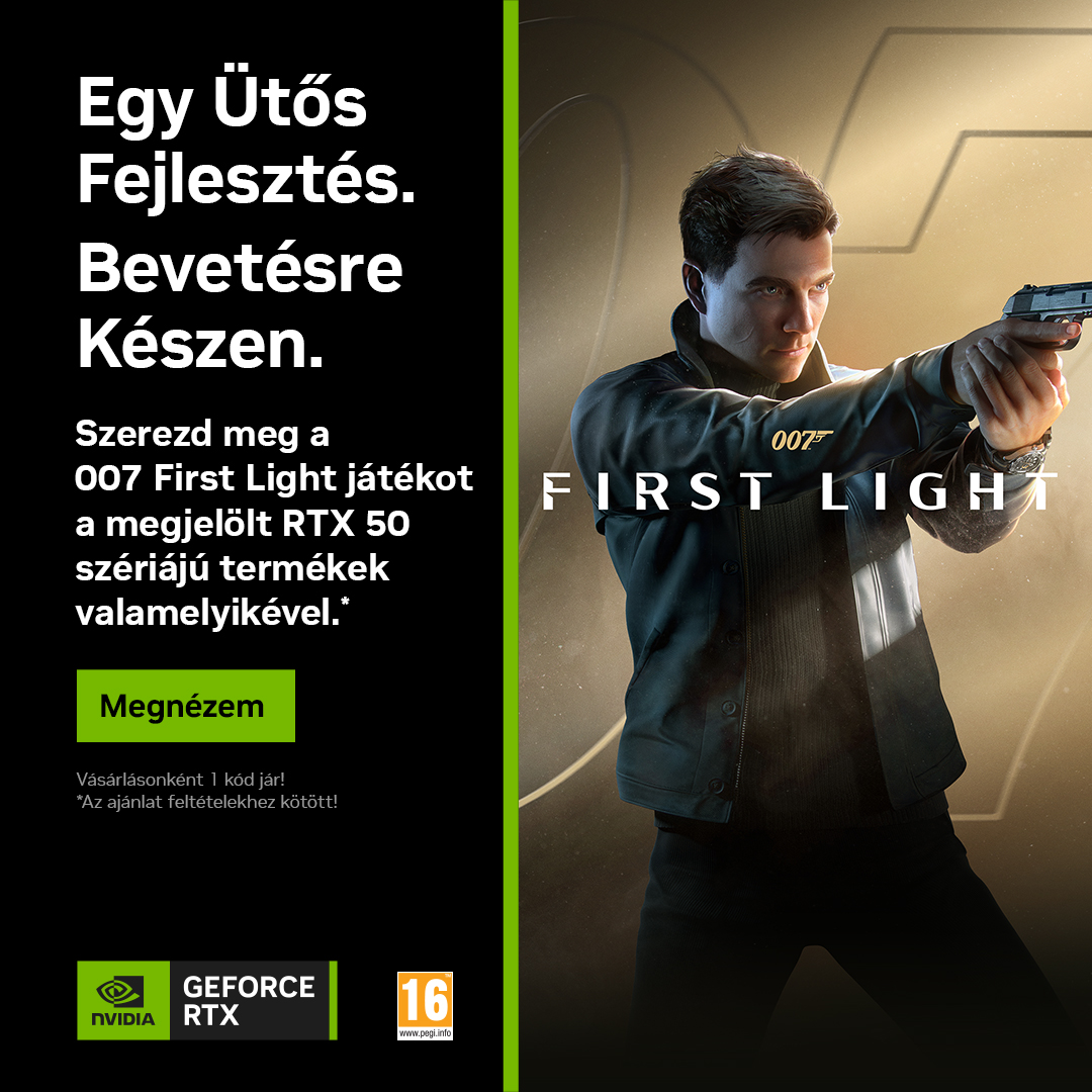 007 First Light játék borítókép: férfi karakter célra tartott pisztollyal, NVIDIA GeForce RTX promóciós szöveggel és zöld 'Megnézem' gombbal