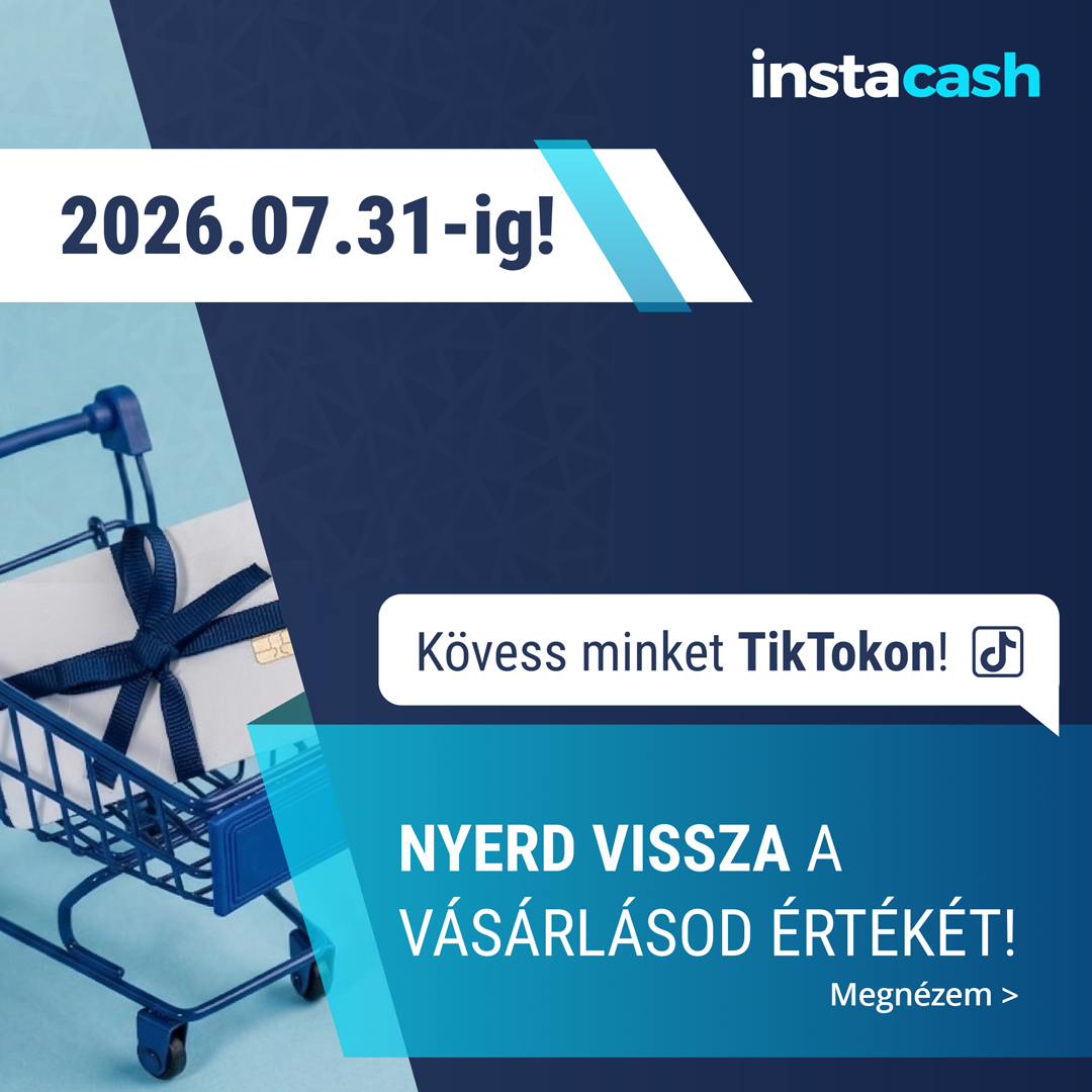 Instacash promóciós banner: bevásárlókocsiban ajándékdoboz, dátum 2026.07.31-ig és felhívás 'Kövess minket TikTokon' valamint 'Nyerd vissza a vásárlásod értékét'