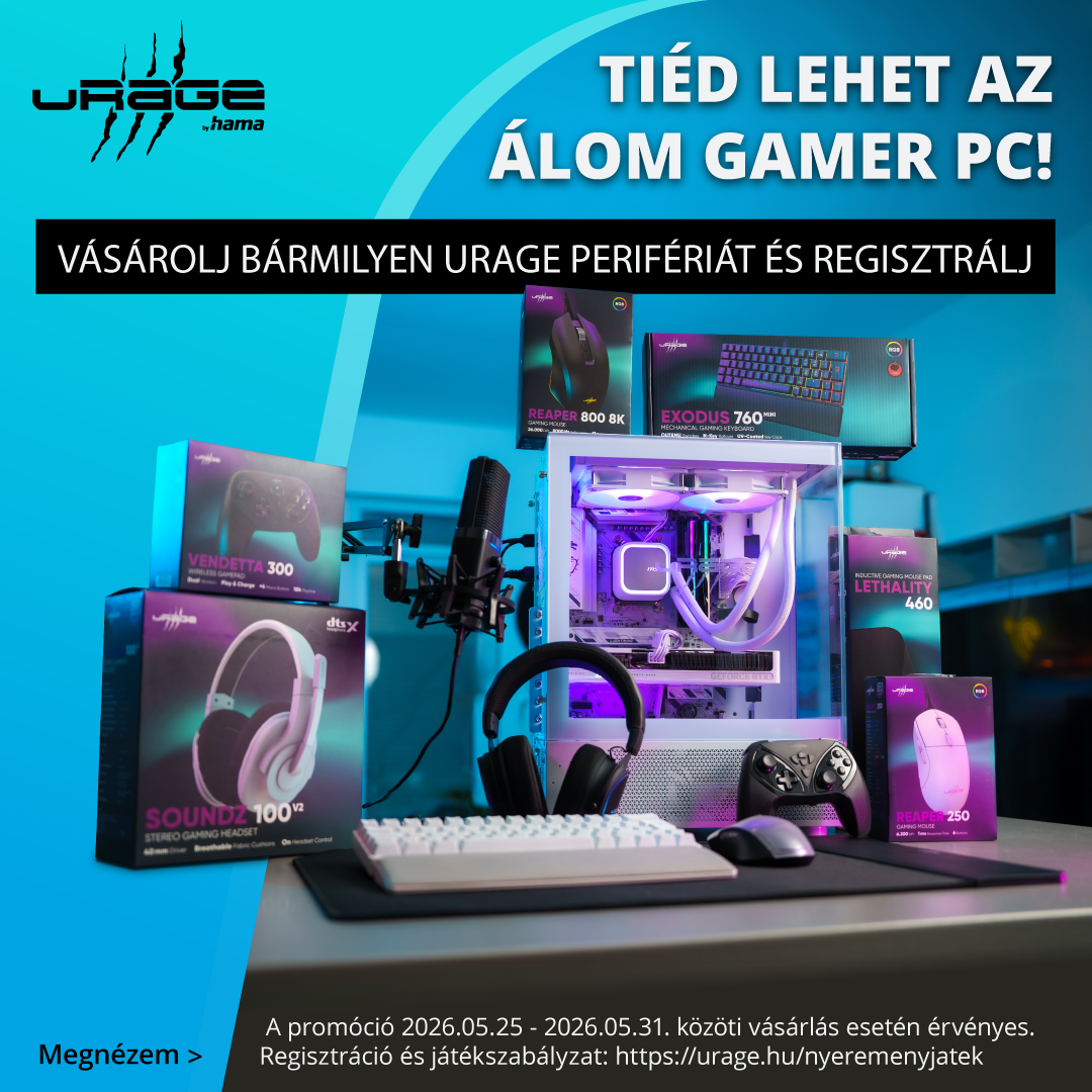 Urage promóció: RGB világítású gamer asztali PC és perifériák (billentyűzet, egér, headset, mikrofon, kontroller) reklámplakát