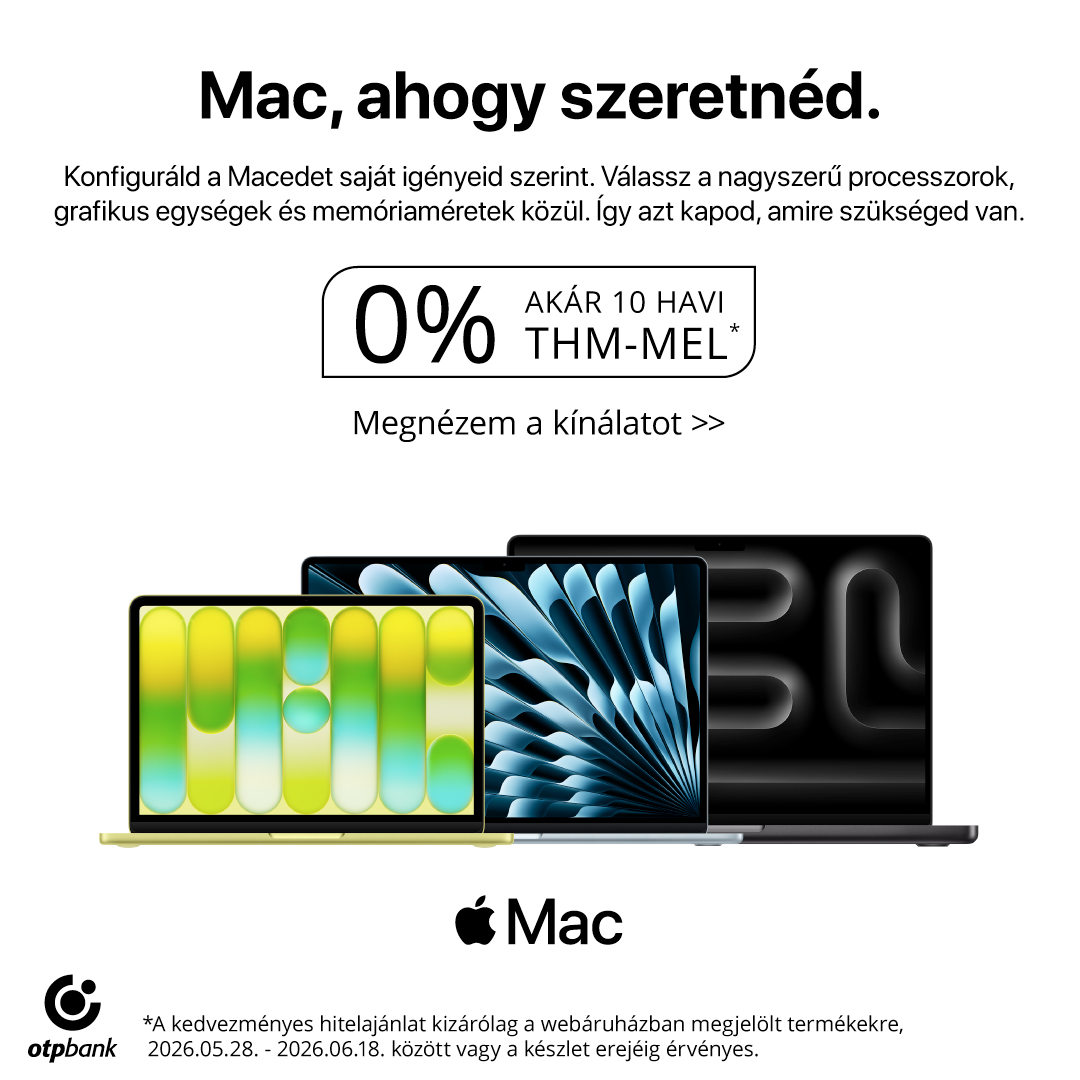 Promóciós banner három MacBookkal elöl, "Mac, ahogy szeretnéd." felirat, 0% finanszírozás akár 10 havi THM-mel és OTP Bank logó