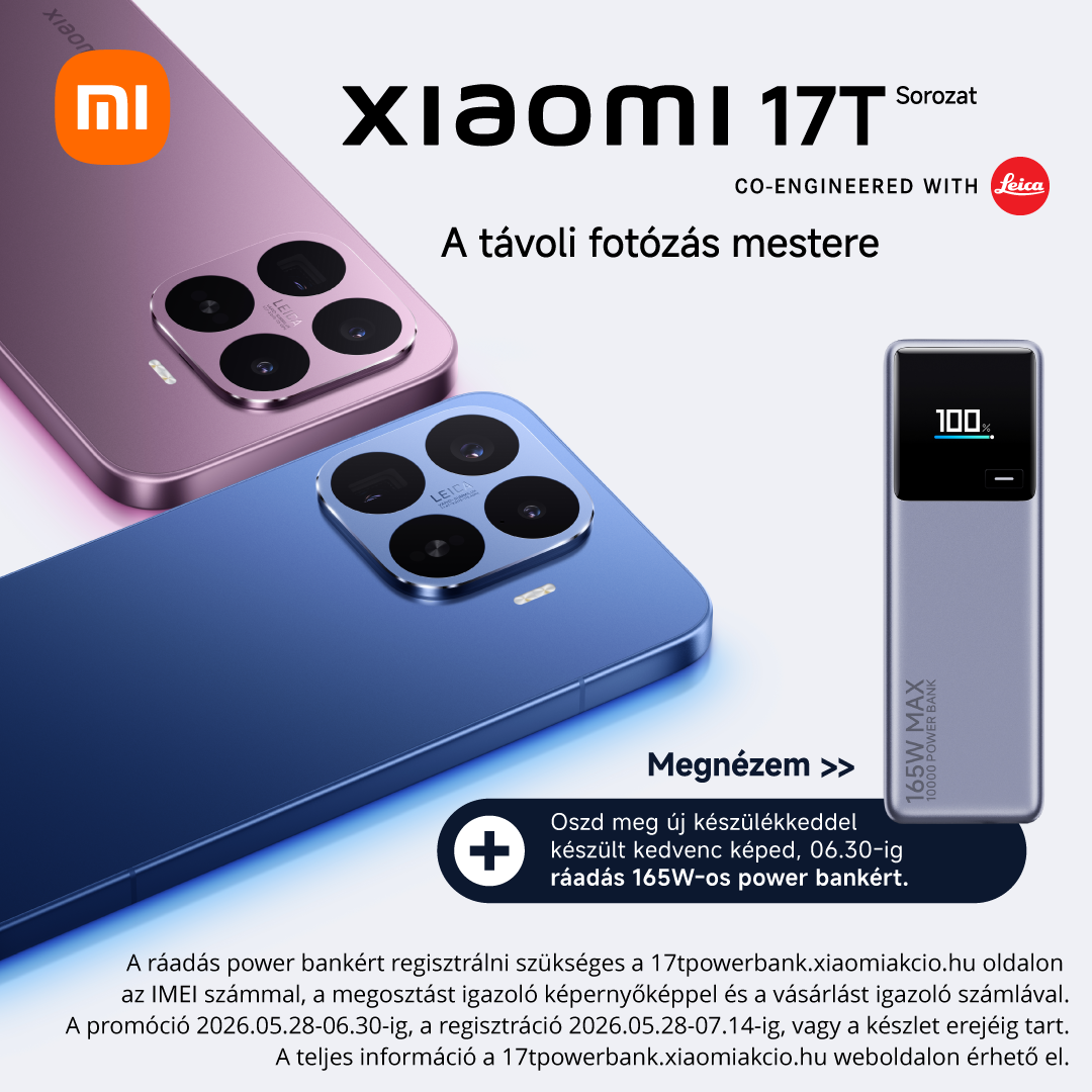 Xiaomi 17T rózsaszín és kék hátlapú négykamerás telefonok Leica jelzéssel, mellettük 165W powerbank 100%-os kijelzővel