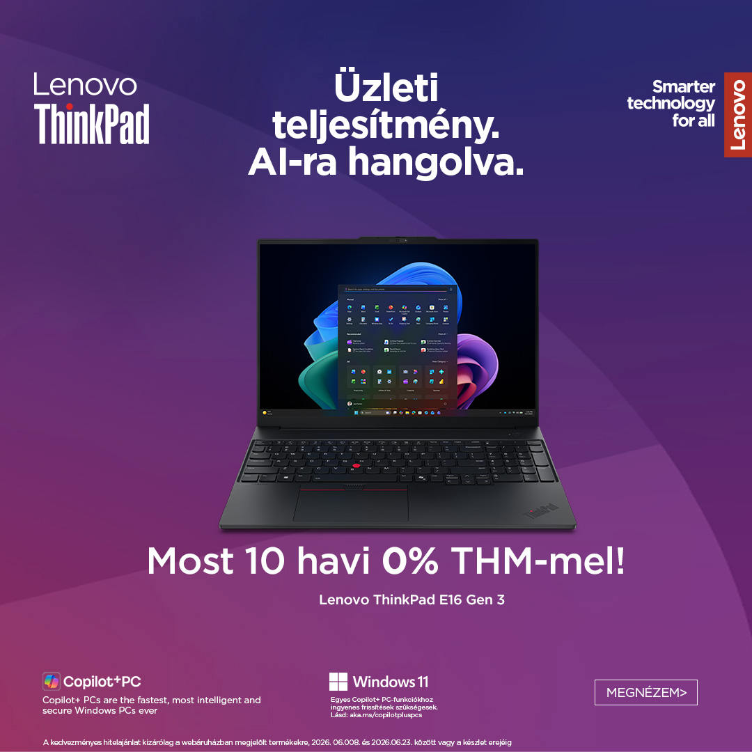 Lenovo ThinkPad E16 Gen 3 üzleti laptop Windows 11-gyel és Copilot-tal, 10 havi 0% THM promóciós hirdetés lila háttéren