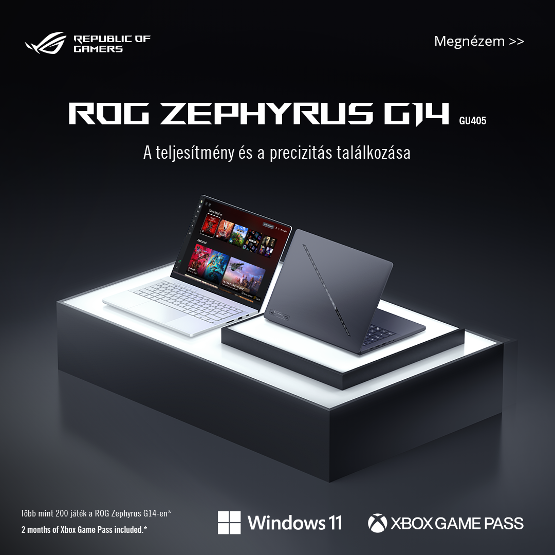ROG Zephyrus G14 két laptop egy világító talapzaton, egyik nyitva játékokkal a képernyőn, Windows 11 és Xbox Game Pass logókkal