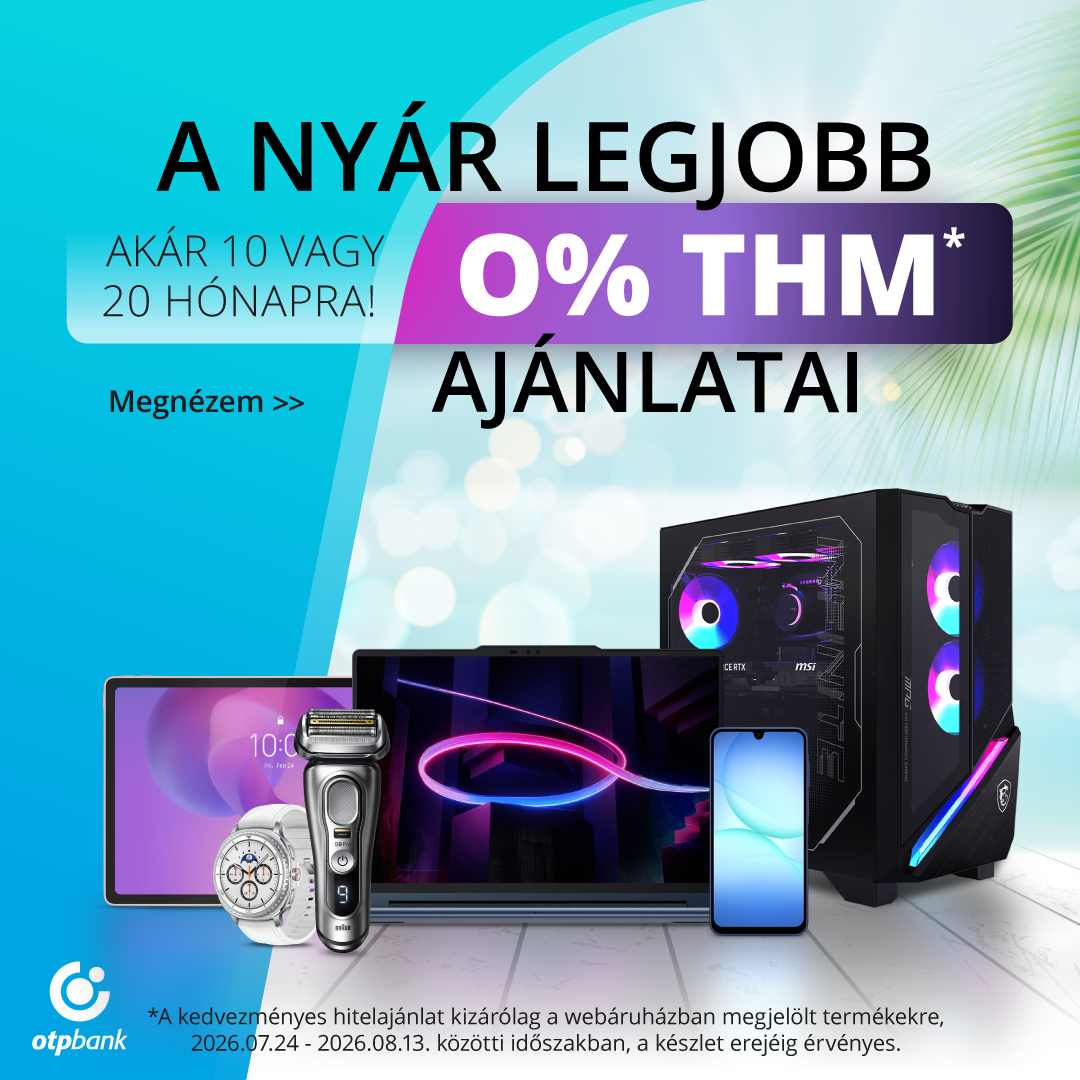 A nyár legjobb 0% THM ajánlatai banneren számítógép, laptop, tablet, okostelefon, borotva, karóra és OTP Bank logó