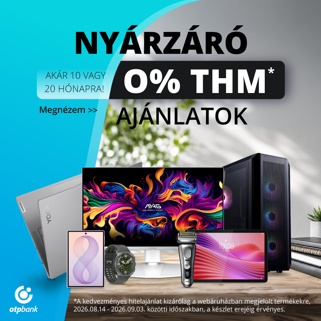 Nyárzáró 0% THM ajánlat banner: laptop, monitor, asztali gép, tablet, okosóra, borotva és OTP Bank logó