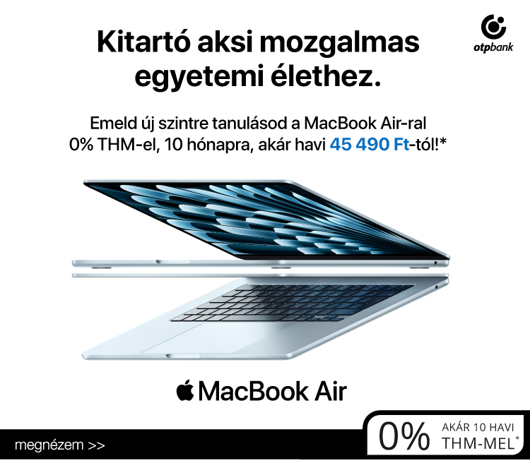 OTP Bank promó: nyitott ezüst MacBook Air, diák hitel 0% THM, 10 hónap, havi 45 490 Ft ajánlat