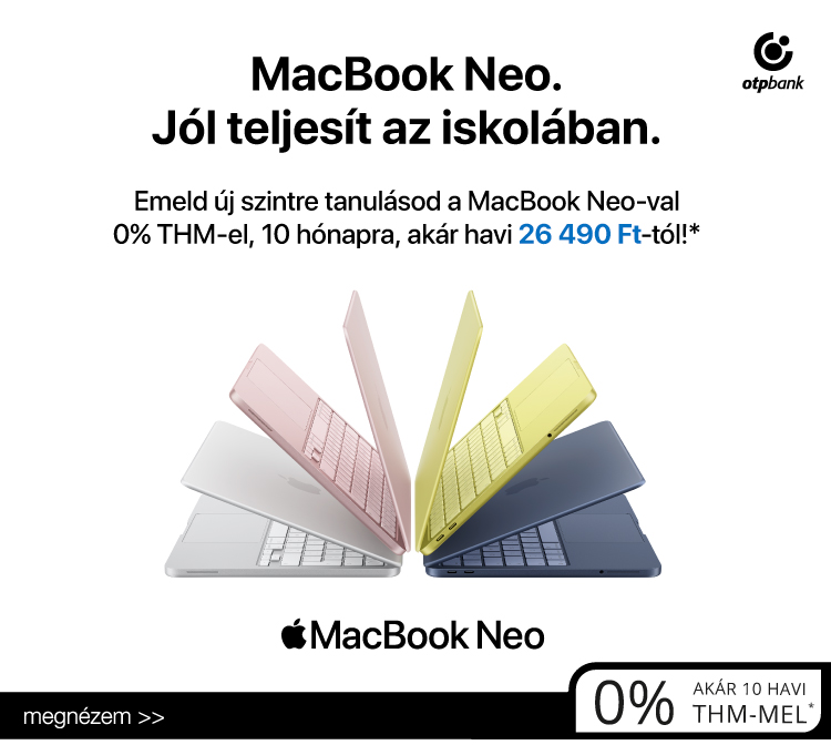 Hirdetés: színes MacBook Neo laptopok kipakolva, OTP Bank logó, 0% THM-es finanszírozás, havi 26 490 Ft-tól