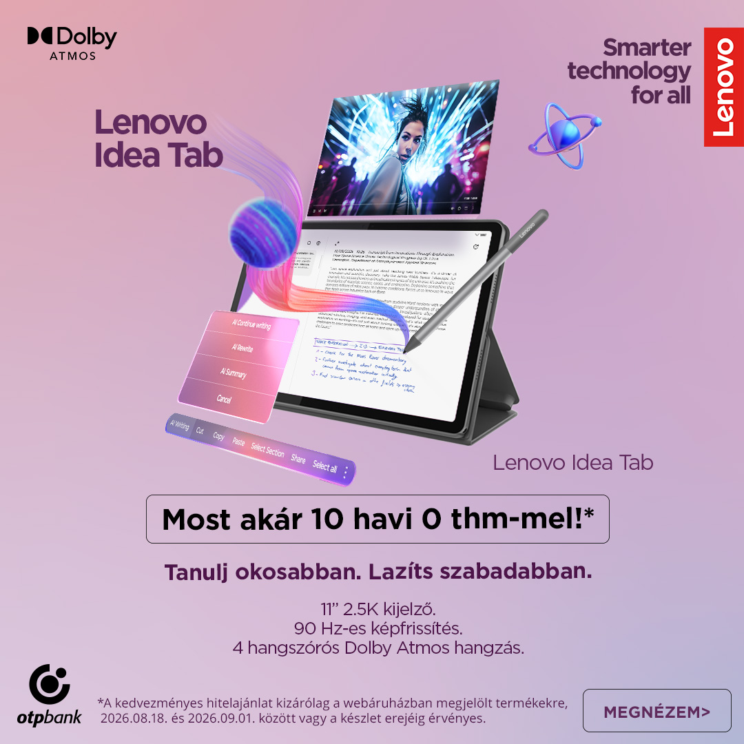 Lenovo Idea Tab táblagép állvánnyal és tollal, 11" 2.5K kijelző, Dolby Atmos ikon és promóció: akár 10 havi 0% THM