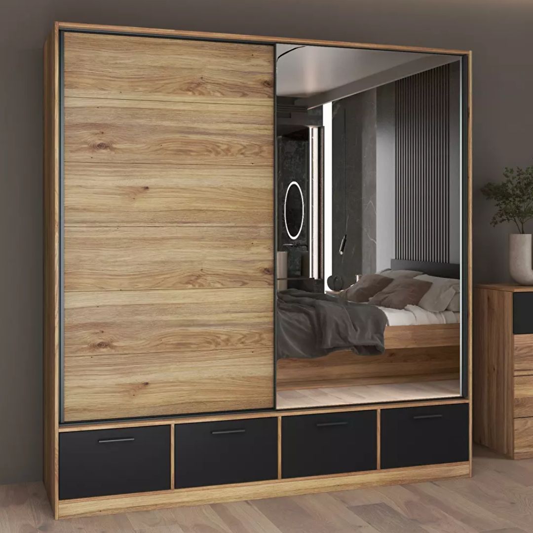 Šatníková skriňa s posuvnými dverami Benson MW63 (dub mauvella + čierna) (so zrkadlom)
