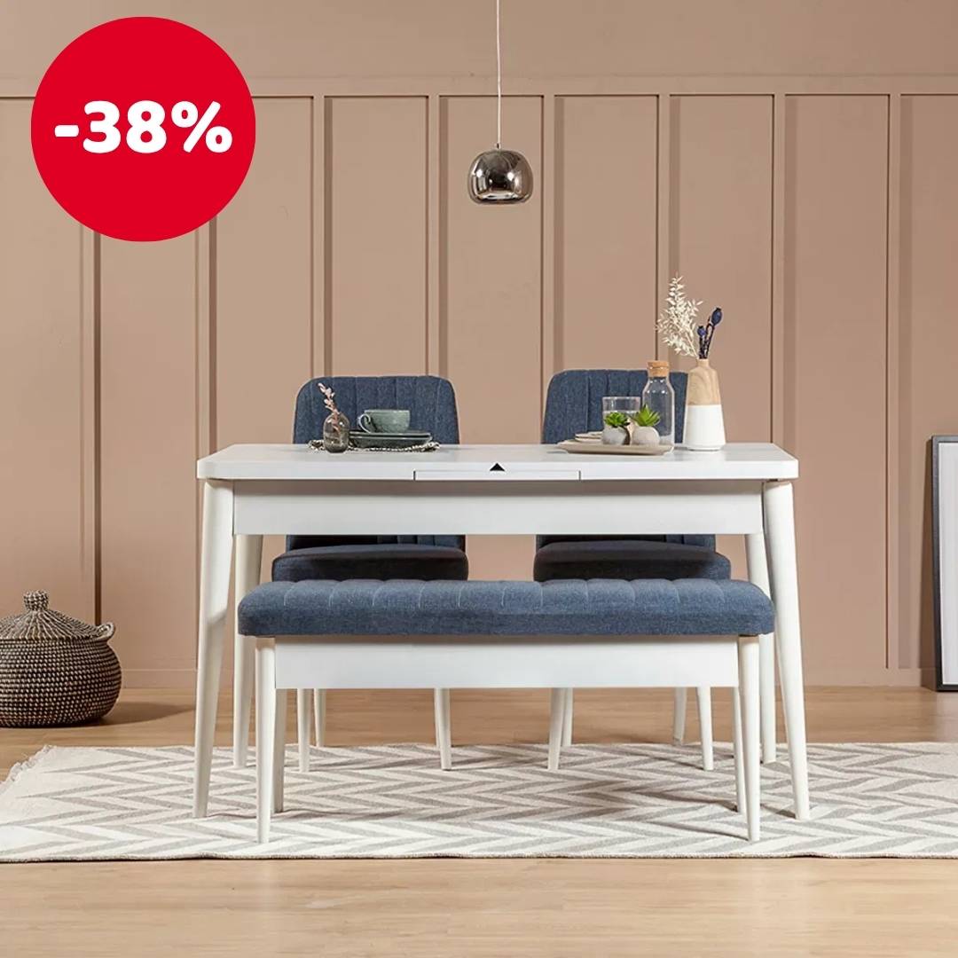 Rozkladací jedálenský stôl s 2 stoličkami a lavicou Vlasta (biela + tmavomodrá)