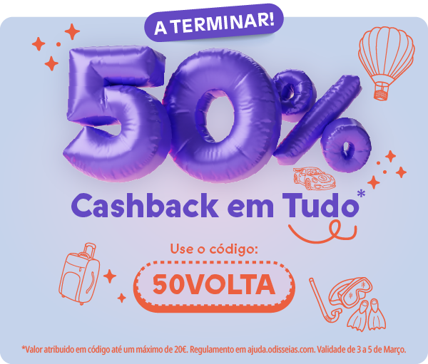 Último dia! 50% cashback em tudo com o código 50VOLTA