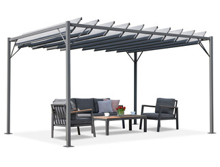 Antracytowa pergola tarasowa Malaga 3x4m z moskitierą i zasłonami Garden Point