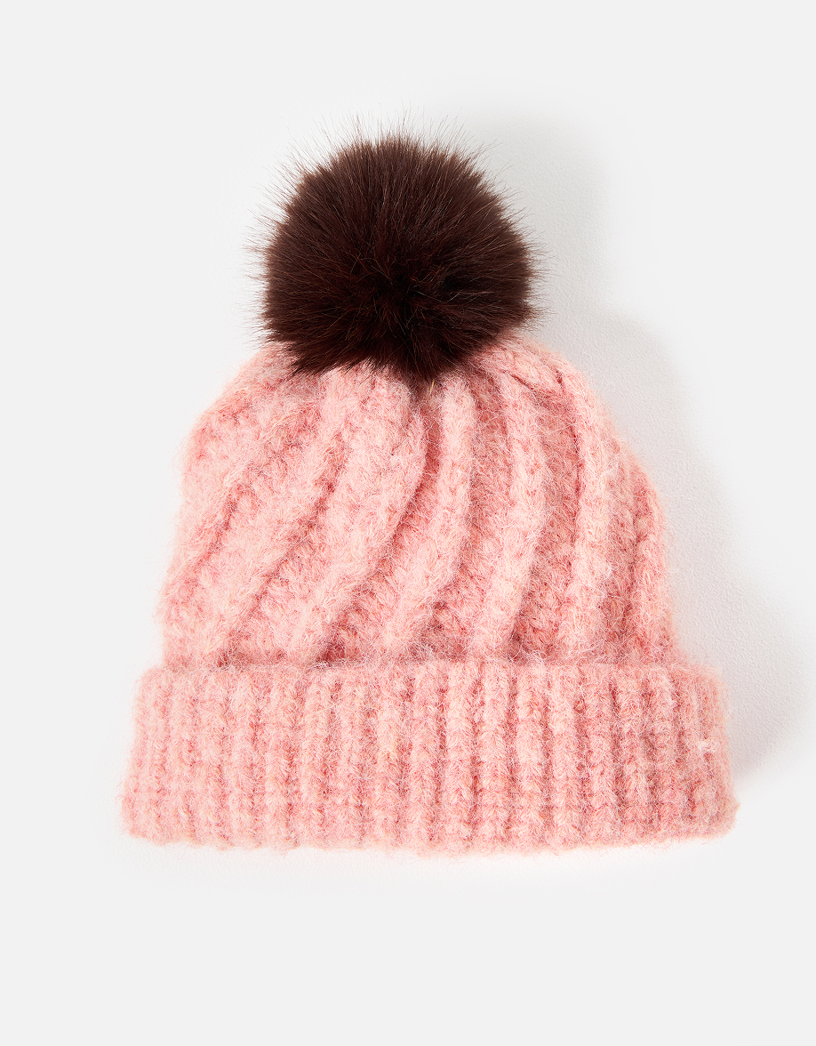 Pink Twisted Cable Knit Bobble Hat