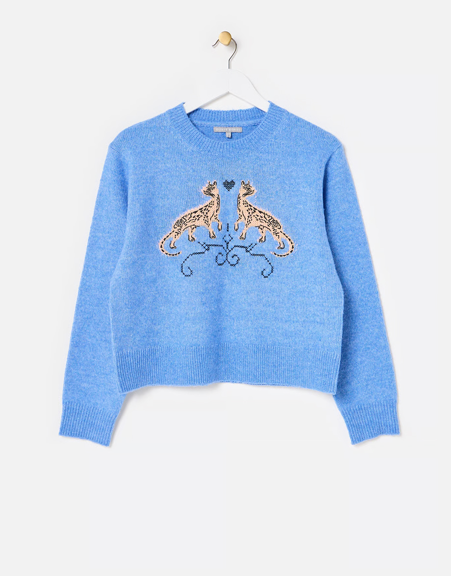 Blue Panther Embroidered Crew Neck Knitted Jumper