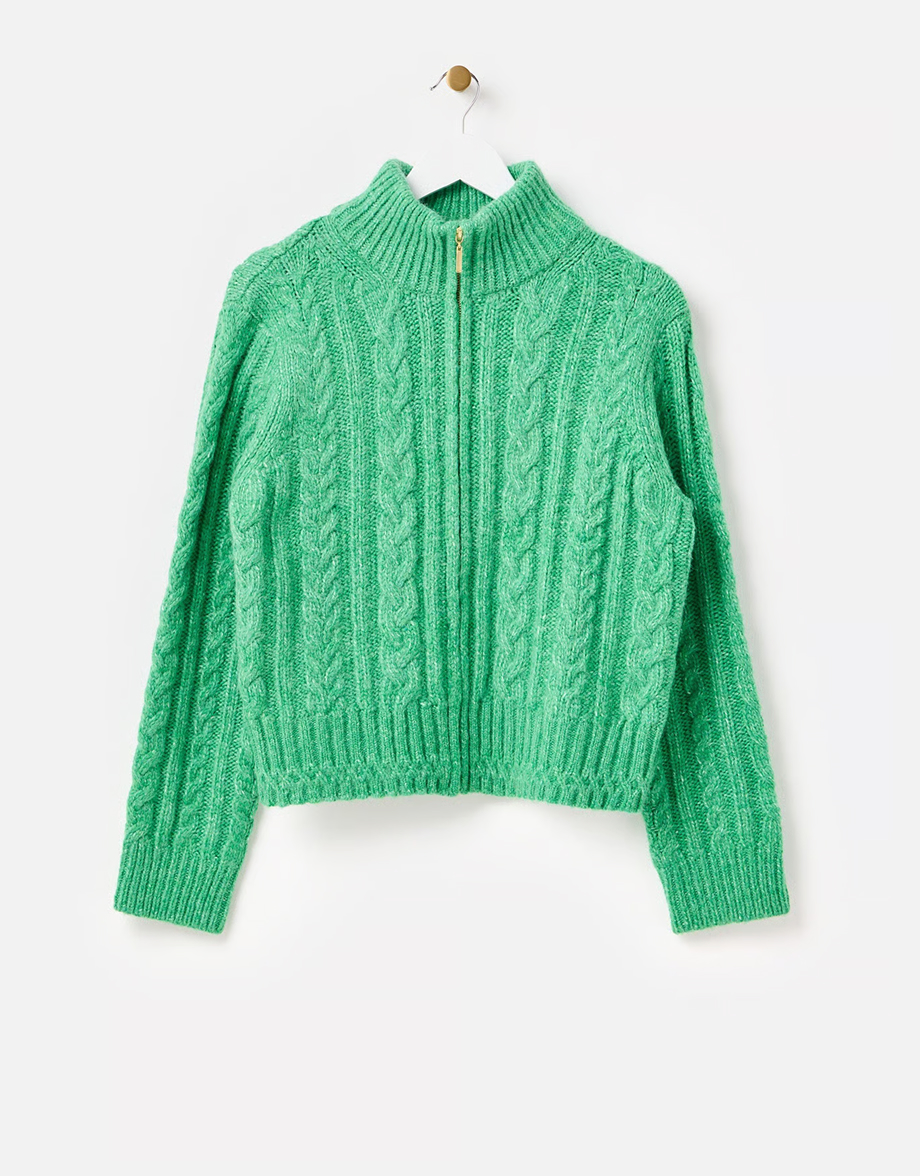 Green Cable Knit Zip Up Knitted Bomber Jacket