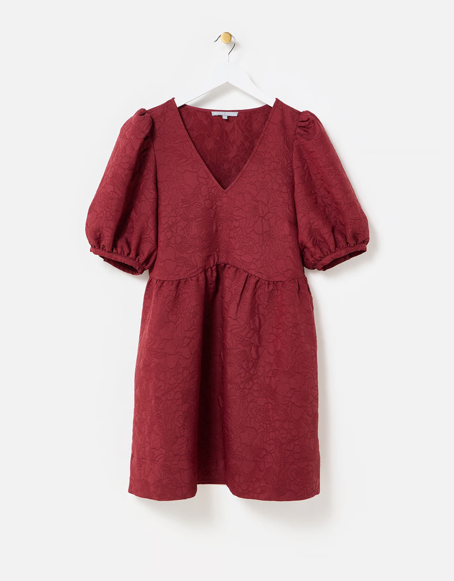Burgundy Floral Jacquard V-Neck Puff Sleeve Mini Dress